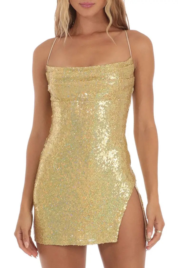 Sparkly Pleated Trim Sleeveless Slit Bodycon Sequin Party Mini Dress - Gold  Fashionpara