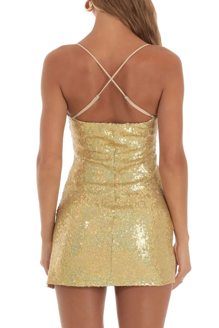 Sparkly Pleated Trim Sleeveless Slit Bodycon Sequin Party Mini Dress - Gold  Fashionpara