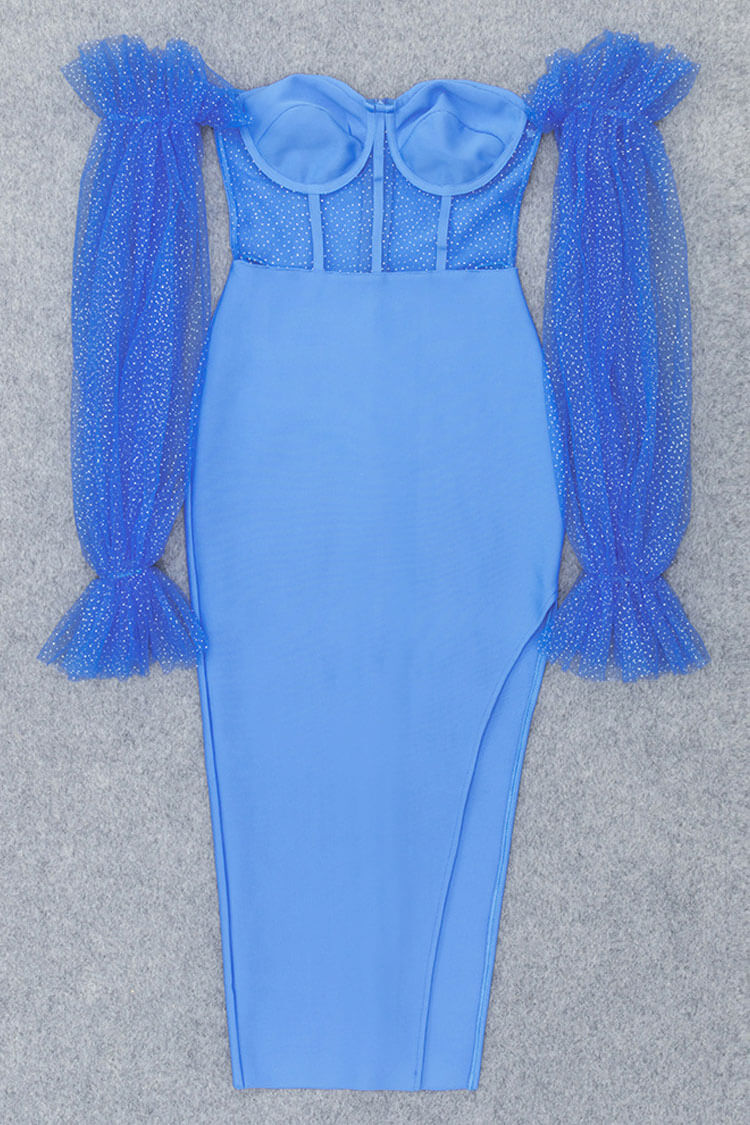 Sparkly Puff Sleeve Off Shoulder Corset Mesh Bandage Midi Dress - Blue - Fashionpara