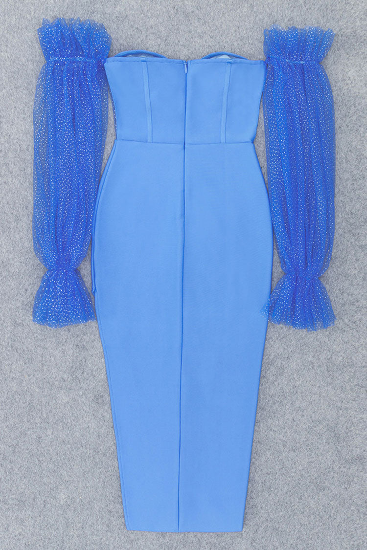 Sparkly Puff Sleeve Off Shoulder Corset Mesh Bandage Midi Dress - Blue - Fashionpara