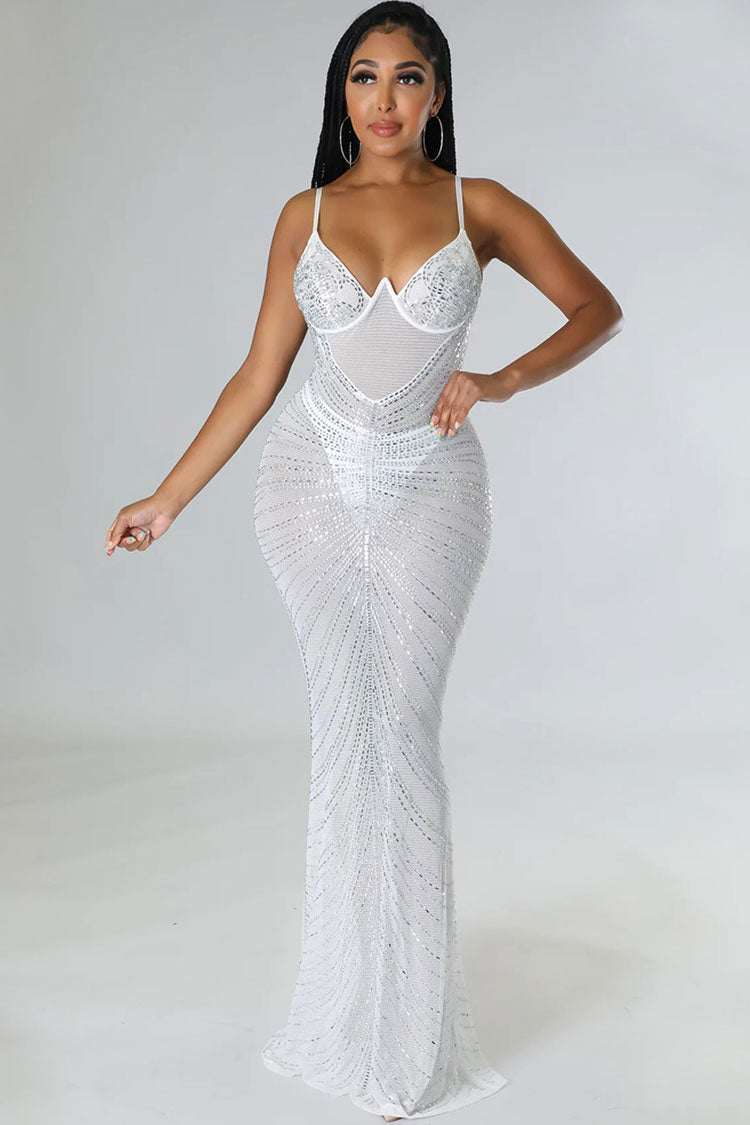 Sparkly Rhinestone Bustier Sheer Mesh Sleeveless Fishtail Evening Maxi Dress - White  Fashionpara