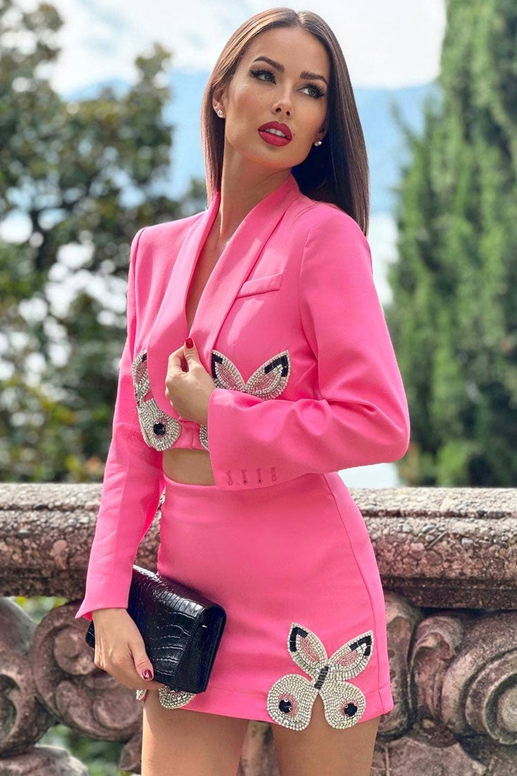 Sparkly Rhinestone Butterfly Lapel Cropped Blazer Two Piece Mini Dress - Pink  Fashionpara