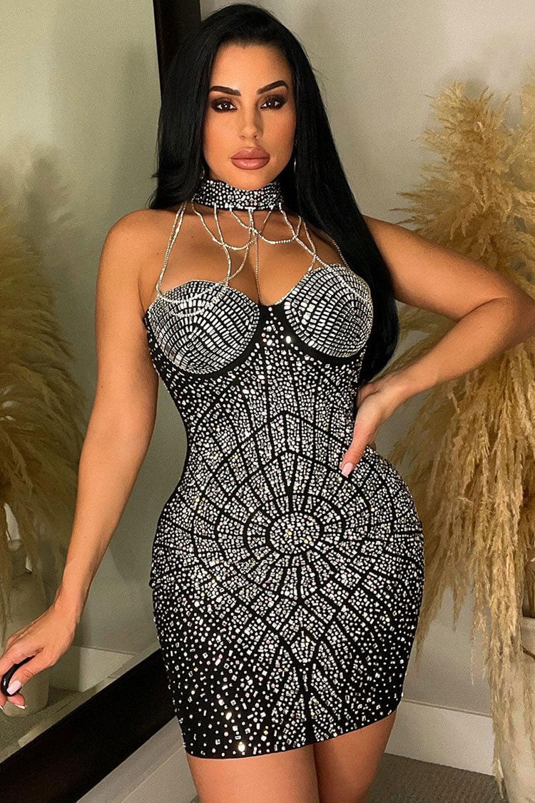 Rhinestone Chain Halter Sweetheart Bustier Bodycon Party Mini Dress