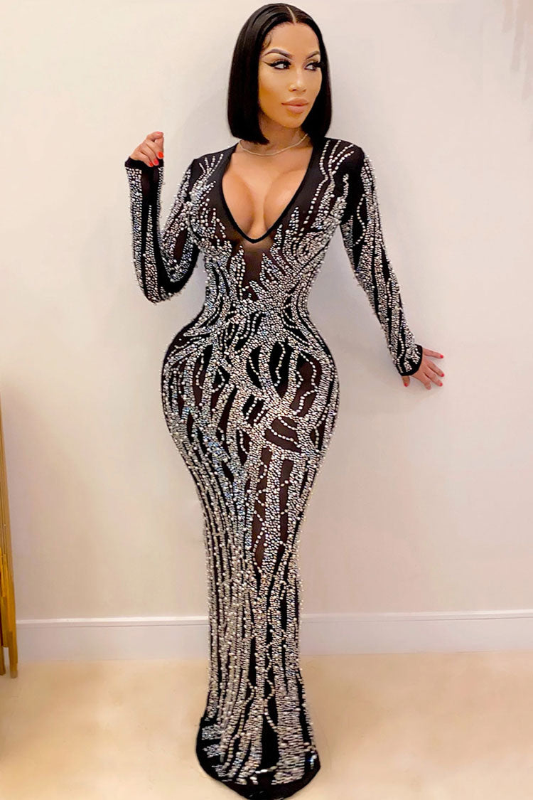 Sparkly Rhinestone Deep V Long Sleeve Sheer Mesh Evening Maxi Dress - Black  Fashionpara