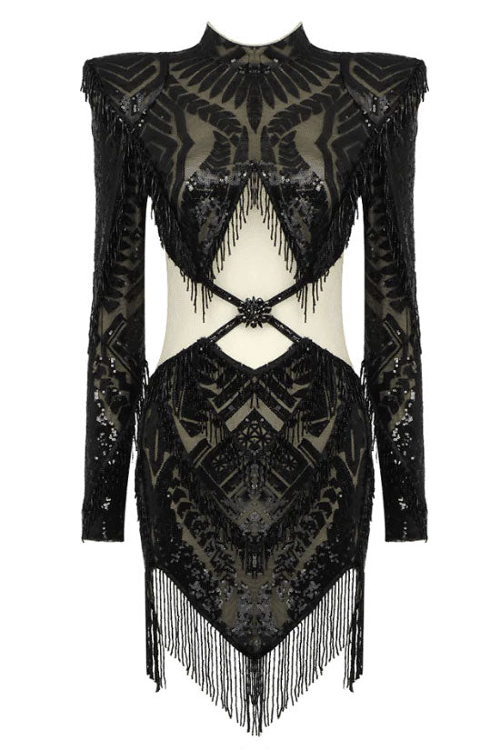 Sequin High Neck Long Sleeve Fringe Cut Out Sheer Mini Party Dress - View 3