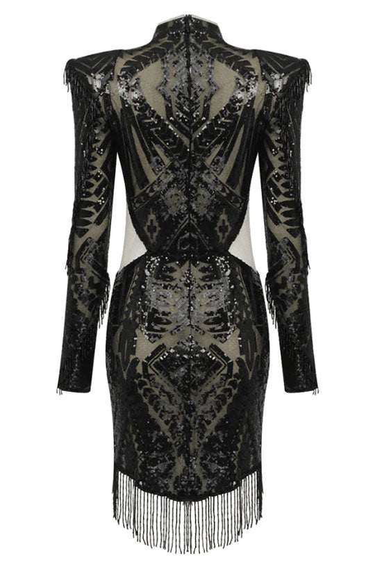 Sequin High Neck Long Sleeve Fringe Cut Out Sheer Mini Party Dress - View 4