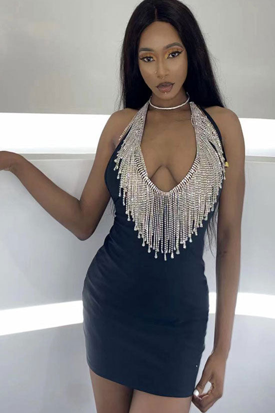 Rhinestone Fringe Deep V-Neck Halter Bodycon Mini Party Dress