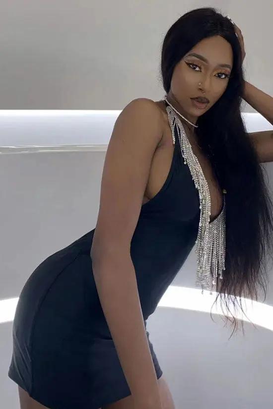 Sparkly Rhinestone Fringe Deep V Neck Halter Bodycon Party Mini Dress - Black  Fashionpara