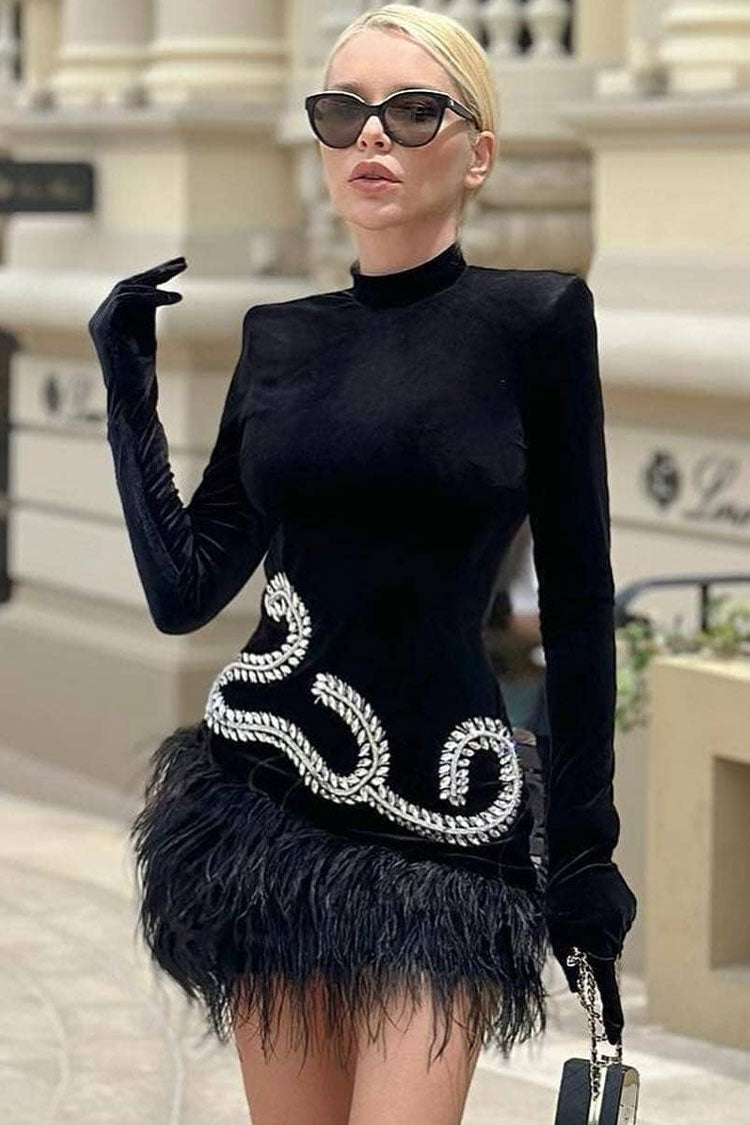 Velvet High Neck Long Sleeve Rhinestone Feather Trim Mini Dress