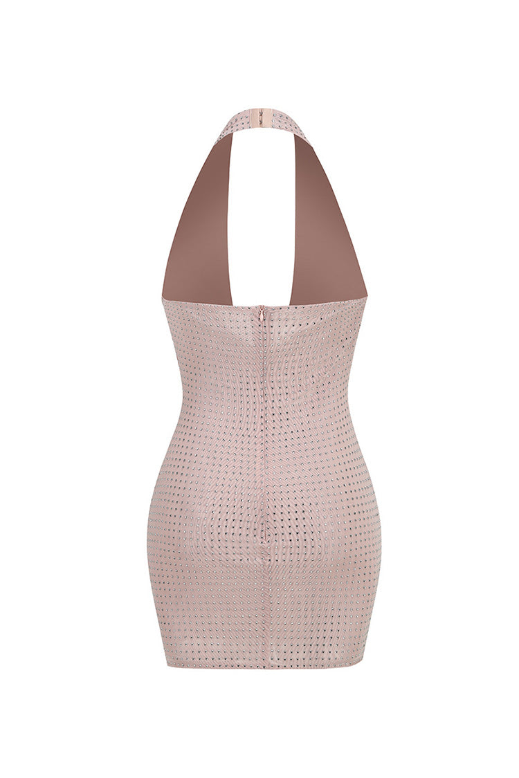 Sparkly Rhinestone Halter Cowl Neck Sheer Mesh Bodycon Club Mini Dress - Fashionpara