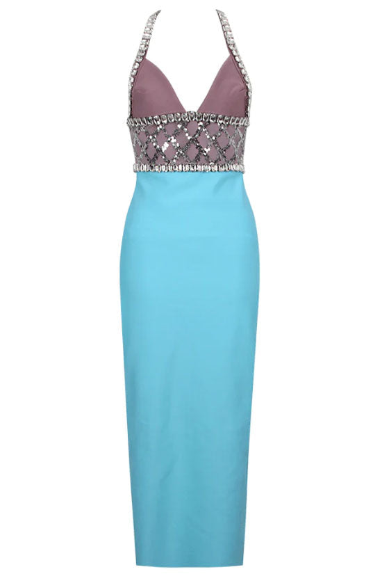 Rhinestone Halter Deep V-Neck Bandage Cocktail Midi Dress - View 3
