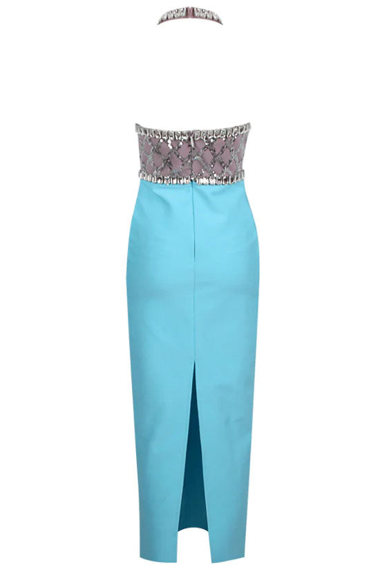 Rhinestone Halter Deep V-Neck Bandage Cocktail Midi Dress - View 4