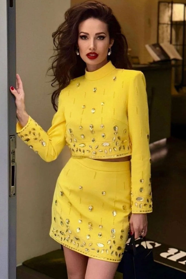 Sparkly Rhinestone High Neck Crop Top High Waist Two Piece Mini Dress - Yellow  Fashionpara