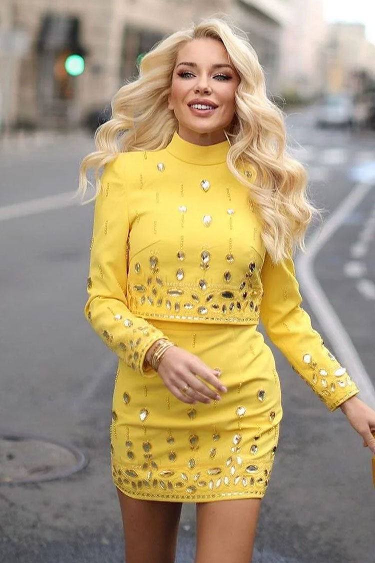 Sparkly Rhinestone High Neck Crop Top High Waist Two Piece Mini Dress - Yellow  Fashionpara