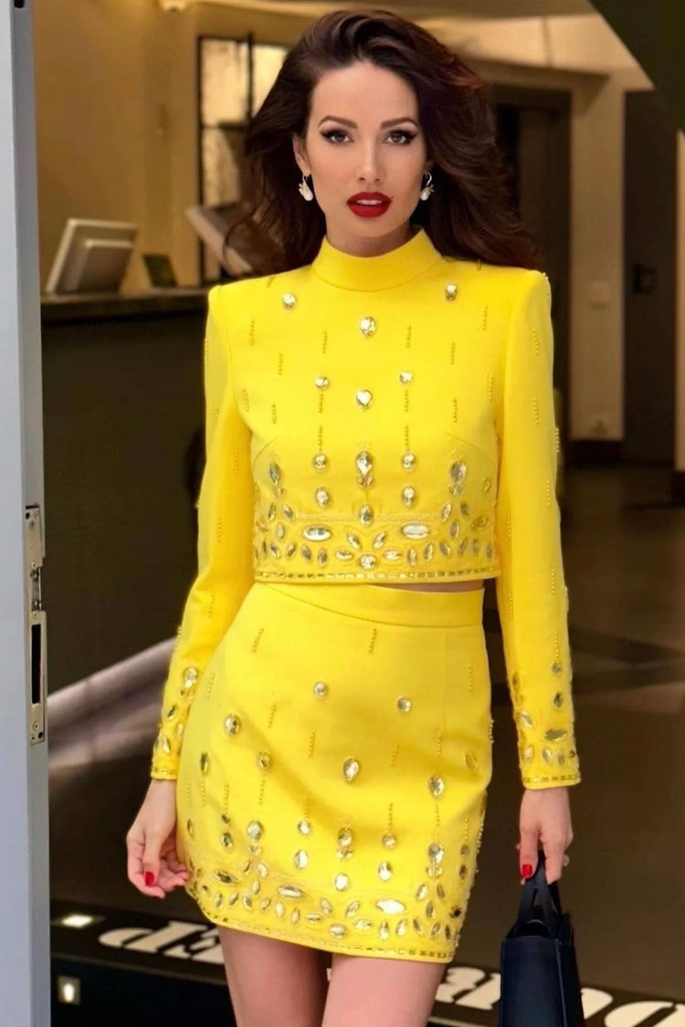 Sparkly Rhinestone High Neck Crop Top High Waist Two Piece Mini Dress - Yellow  Fashionpara