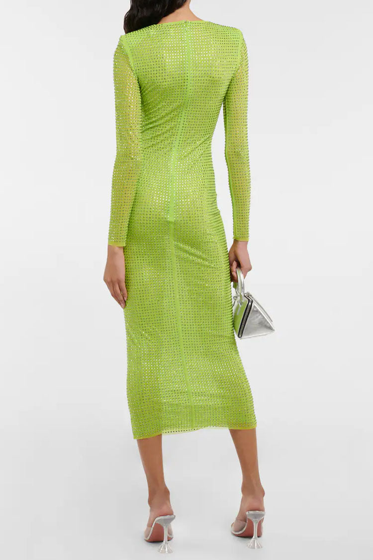 Rhinestone High Neck Long Sleeve Sheer Mesh Bodycon Midi Dress - View 2