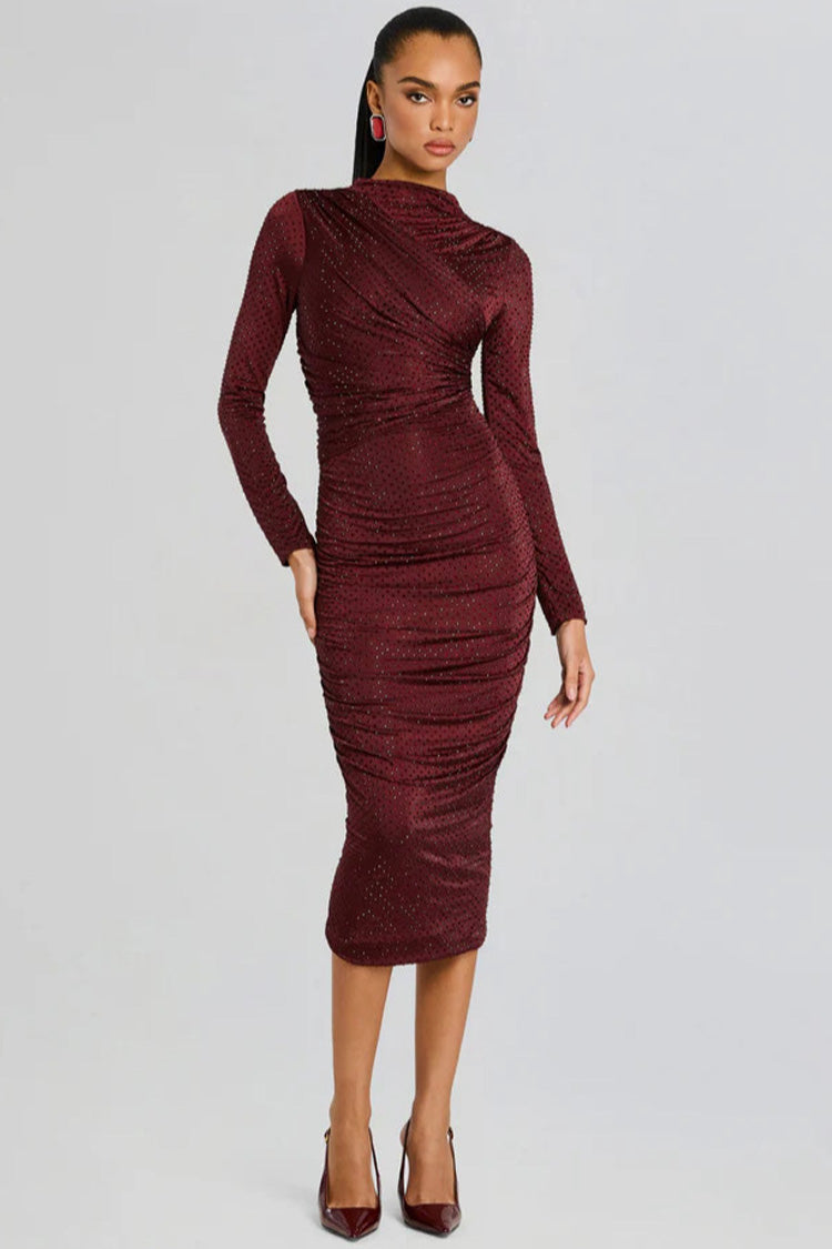 Sparkly Rhinestone Mock Neck Long Sleeve Ruched Cocktail Midi Dress