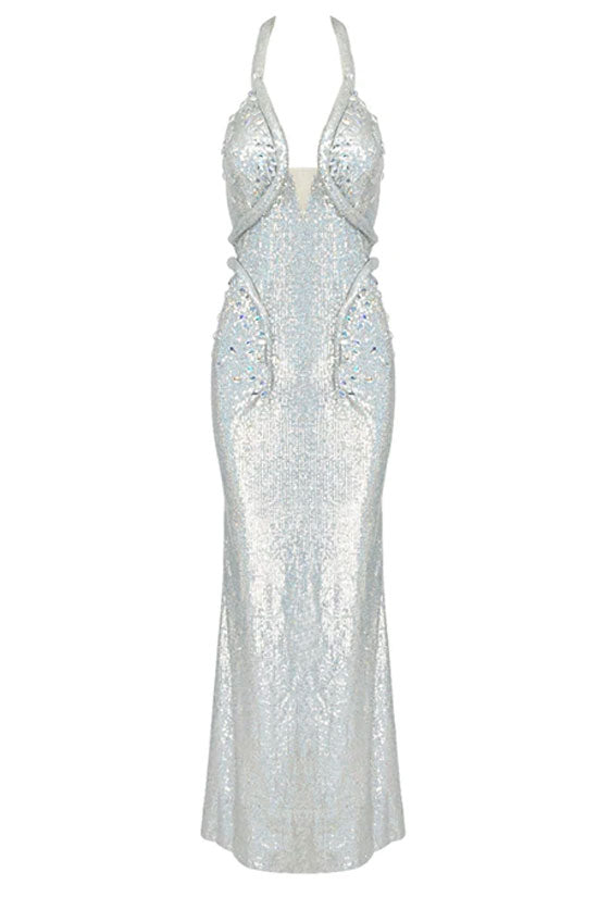 Sparkly Rhinestone Plunge Snake Halter Neck Sequin Maxi Dress - Silver  Fashionpara