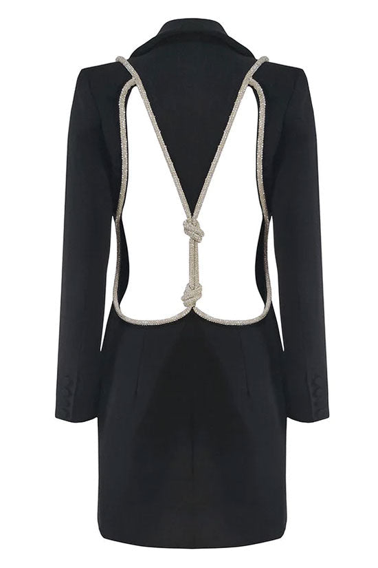 Sparkly Rhinestone Rope Cutout Back Lapel Blazer Mini Dress - Black - View 4