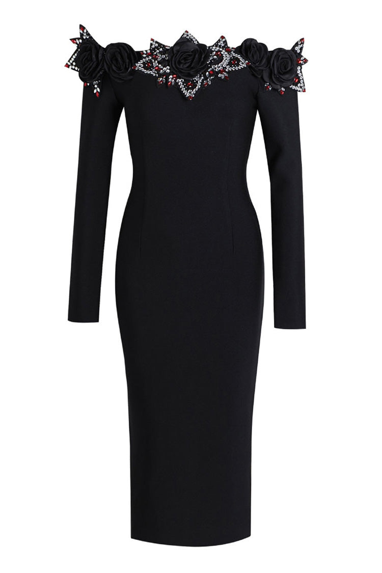 Sparkly Rhinestone Rosette Off Shoulder Long Sleeve Bandage Midi Dress - Fashionpara
