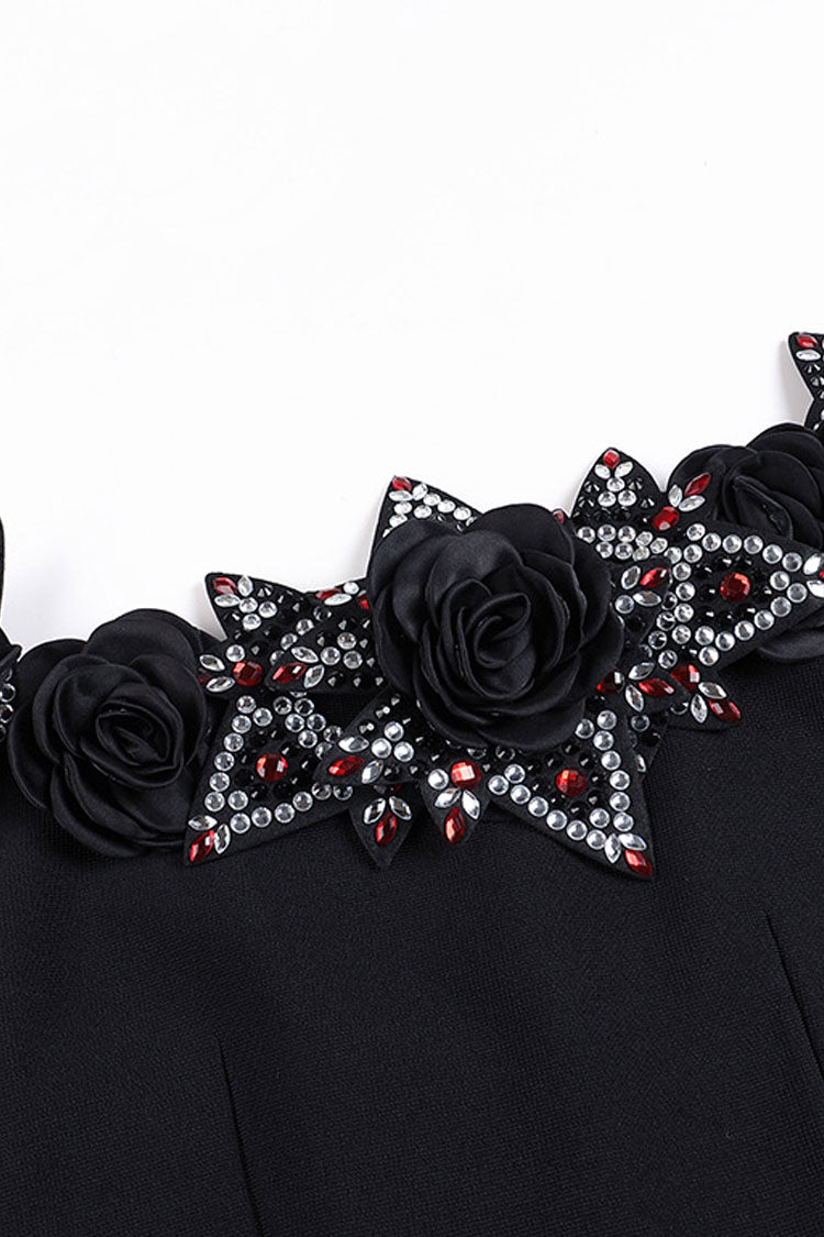 Sparkly Rhinestone Rosette Off Shoulder Long Sleeve Bandage Midi Dress - Fashionpara