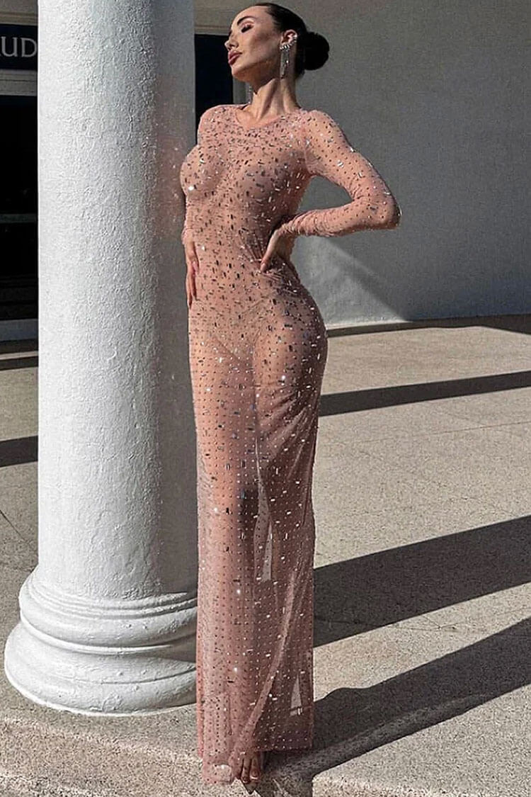Sparkly Rhinestone Round Neck Long Sleeve Split Sheer Mesh Maxi Dress - Pink  Fashionpara