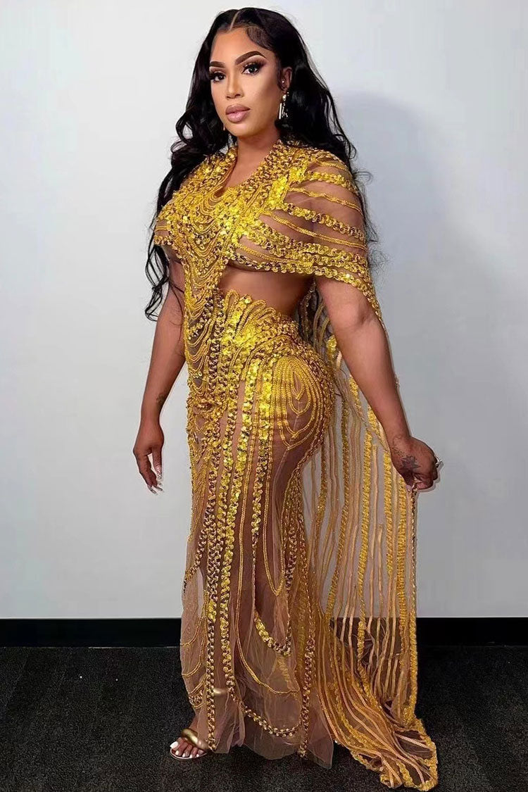 Sparkly Rhinestone Sequined Sheer Mesh Cutout Cape Evening Maxi Dress - Gold  Fashionpara