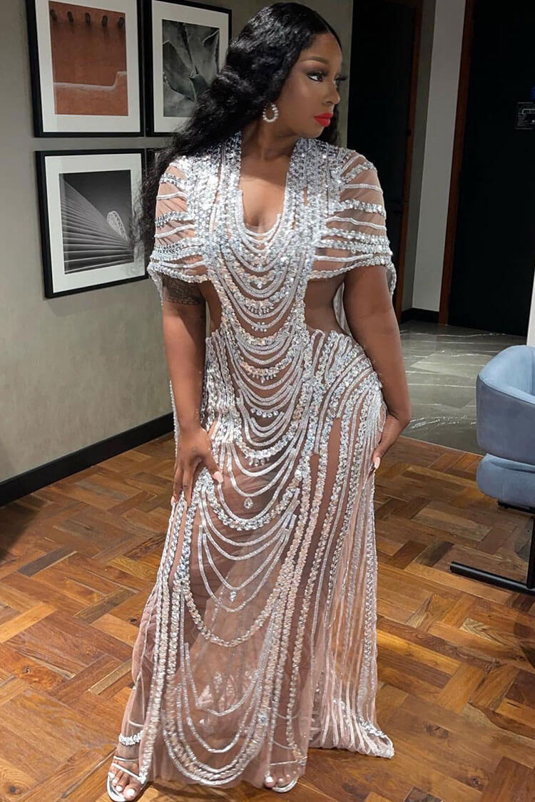 Rhinestone Sheer Mesh Deep V-Neck Cut Out Beaded Maxi Evening Gown