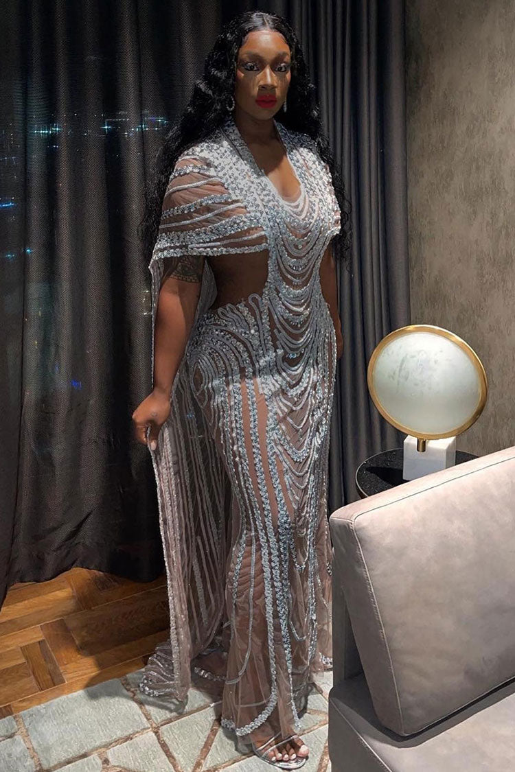 Sparkly Rhinestone Sequined Sheer Mesh Cutout Cape Evening Maxi Dress - Silver  Fashionpara