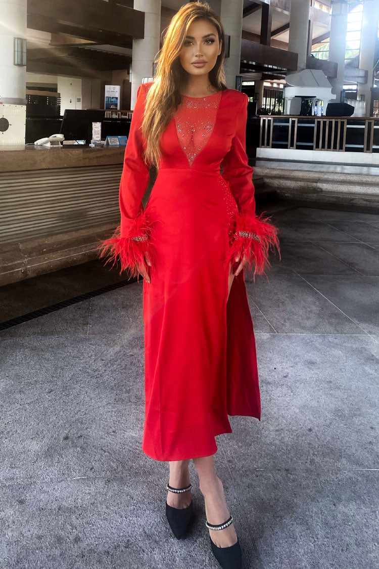 Satin Deep V-Neck Long Sleeve Feather Trim High Split Midi Dress
