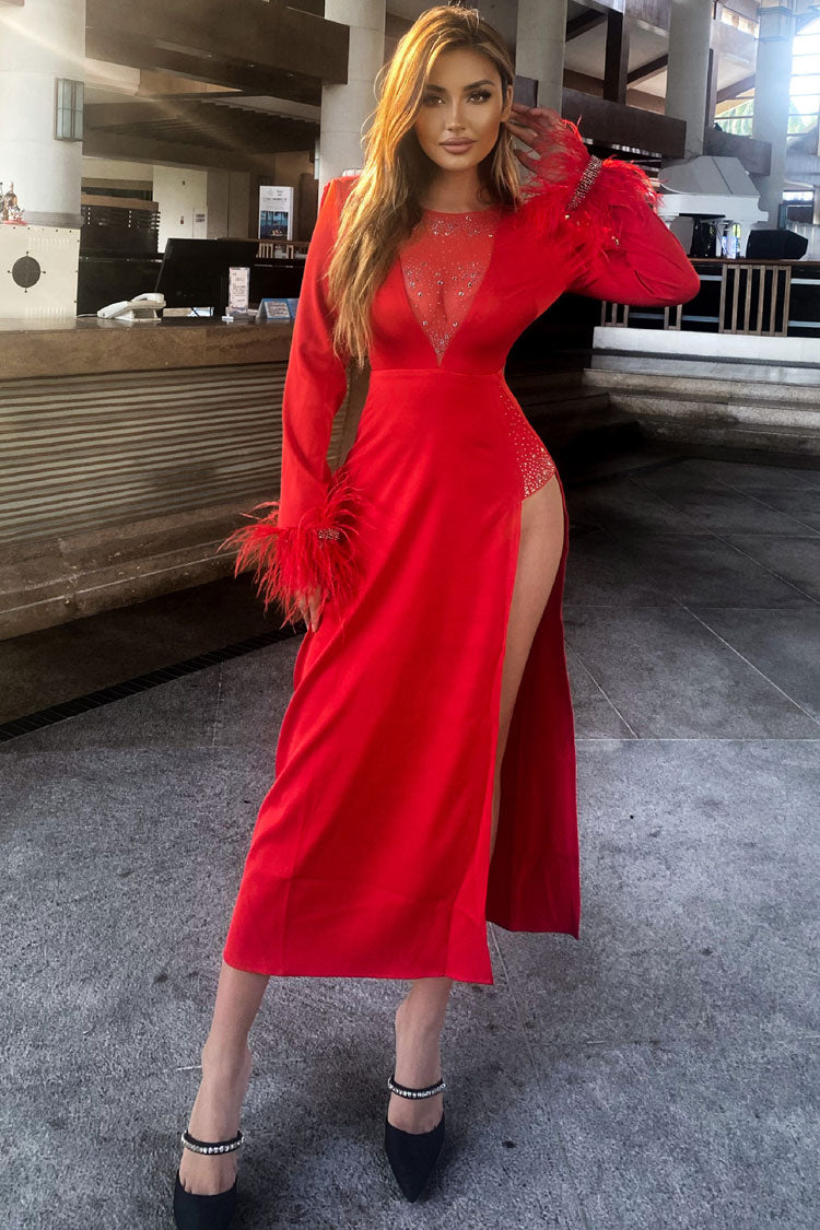 Satin Deep V-Neck Long Sleeve Feather Trim High Split Midi Dress - View 2