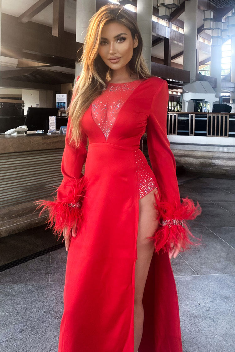 Satin Deep V-Neck Long Sleeve Feather Trim High Split Midi Dress - View 3