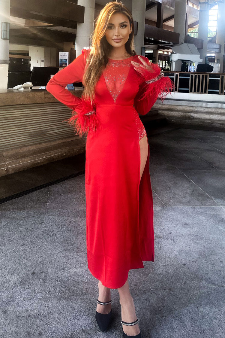 Satin Deep V-Neck Long Sleeve Feather Trim High Split Midi Dress - View 4
