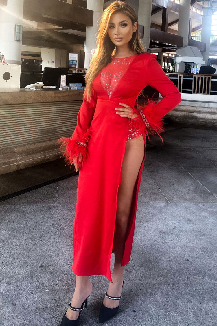 Satin Deep V-Neck Long Sleeve Feather Trim High Split Midi Dress - View 5