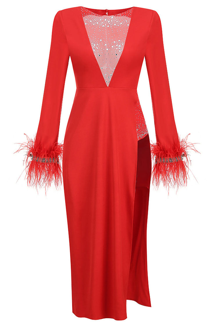 Satin Deep V-Neck Long Sleeve Feather Trim High Split Midi Dress - View 6