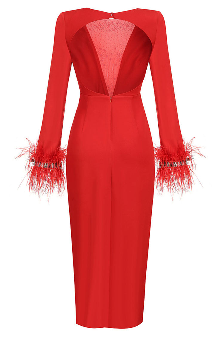 Satin Deep V-Neck Long Sleeve Feather Trim High Split Midi Dress - View 7