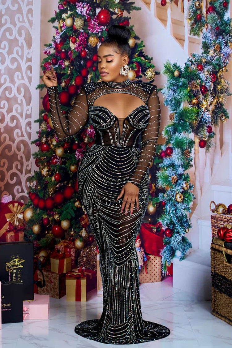 Sparkly Rhinestone Sheer Mesh High Neck Cutout Evening Maxi Dress - Black  Fashionpara