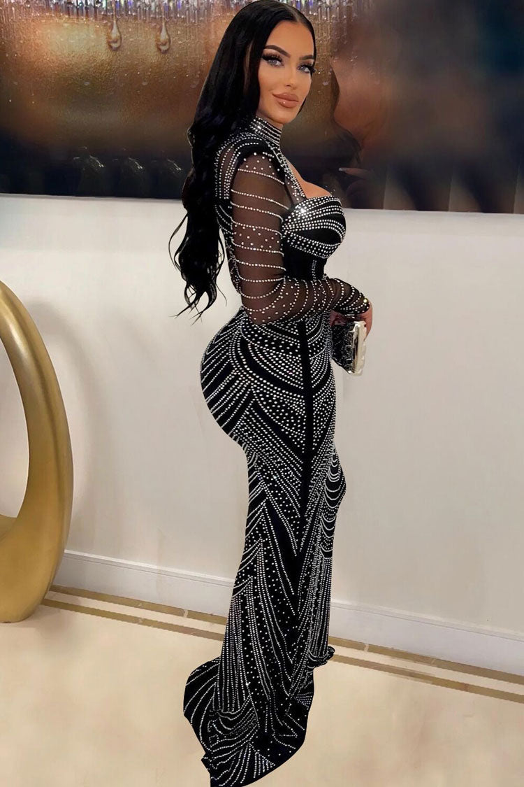Sparkly Rhinestone Sheer Mesh High Neck Cutout Evening Maxi Dress - Black  Fashionpara
