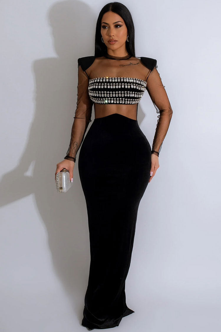 Sparkly Rhinestone Sheer Mesh Padded Long Sleeve Evening Maxi Dress - Black  Fashionpara