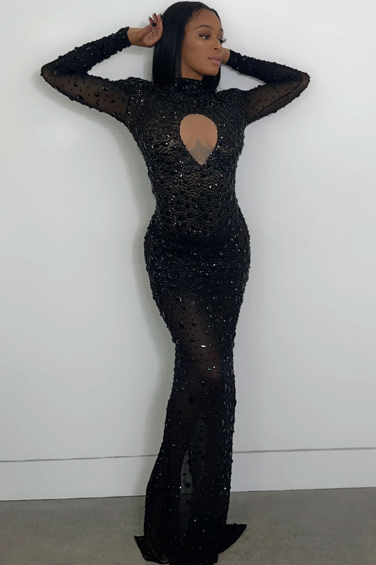 Sparkly Rhinestone Shoulder Pad Maxi Evening Maxi Dress - Black