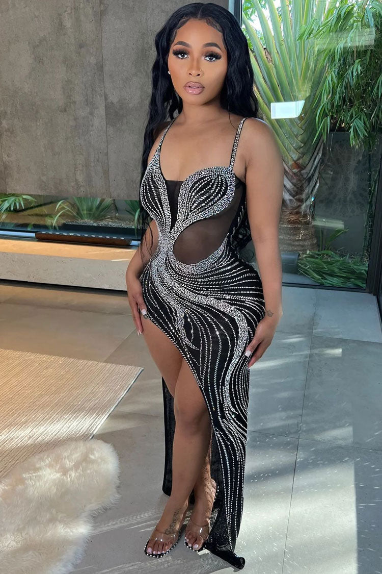 Sparkly Rhinestone Sleeveless Mesh Panel High Split Evening Maxi Dress - Black  Fashionpara