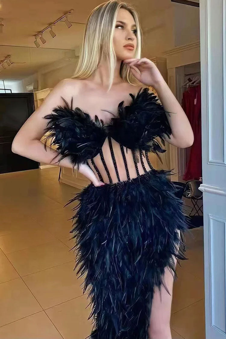 Sparkly Rhinestone Strapless Corset Feather Midi Dress - Black - Fashionpara