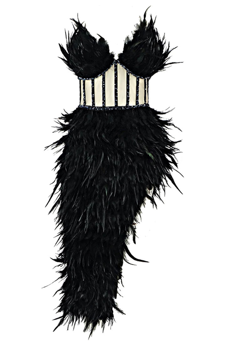 Sparkly Rhinestone Strapless Corset Feather Midi Dress - Black - Fashionpara