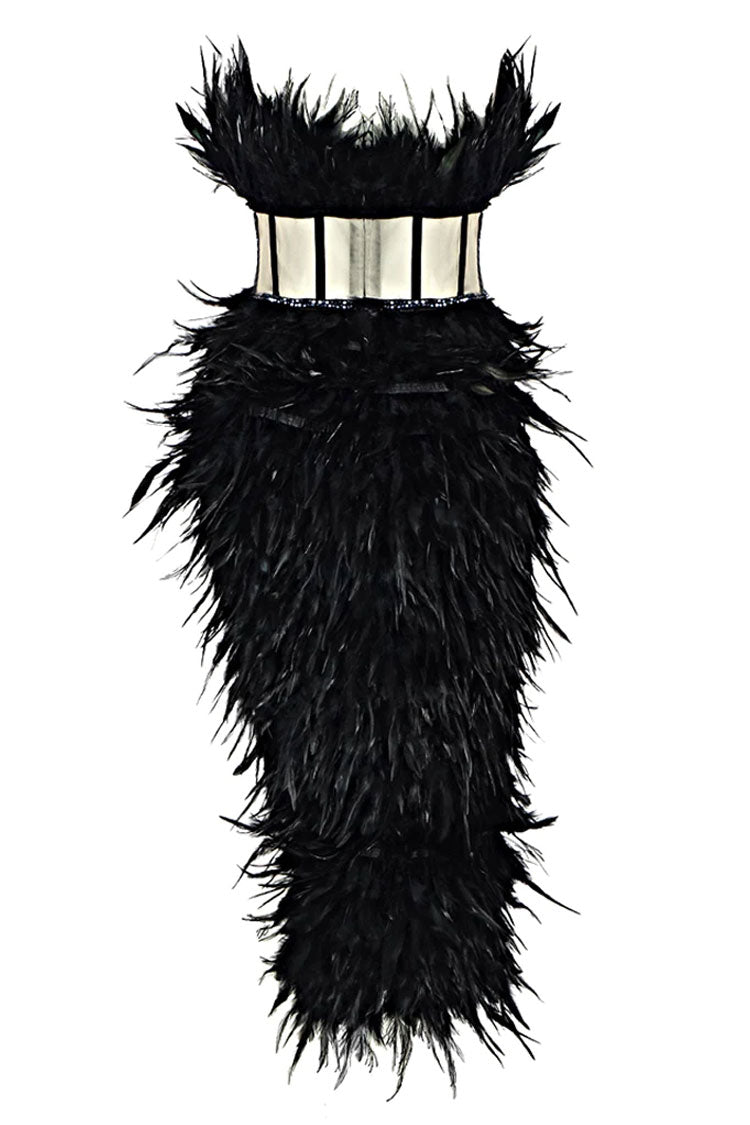 Sparkly Rhinestone Strapless Corset Feather Midi Dress - Black - Fashionpara