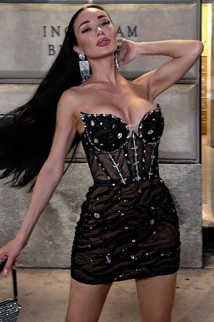 Rhinestone Strapless Sheer Corset Bodycon Mini Dress
