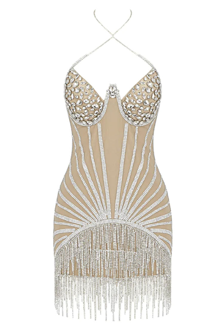 Sparkly Rhinestone Sweetheart Halter Neck Mesh Fringe Party Mini Dress - Silver - Fashionpara