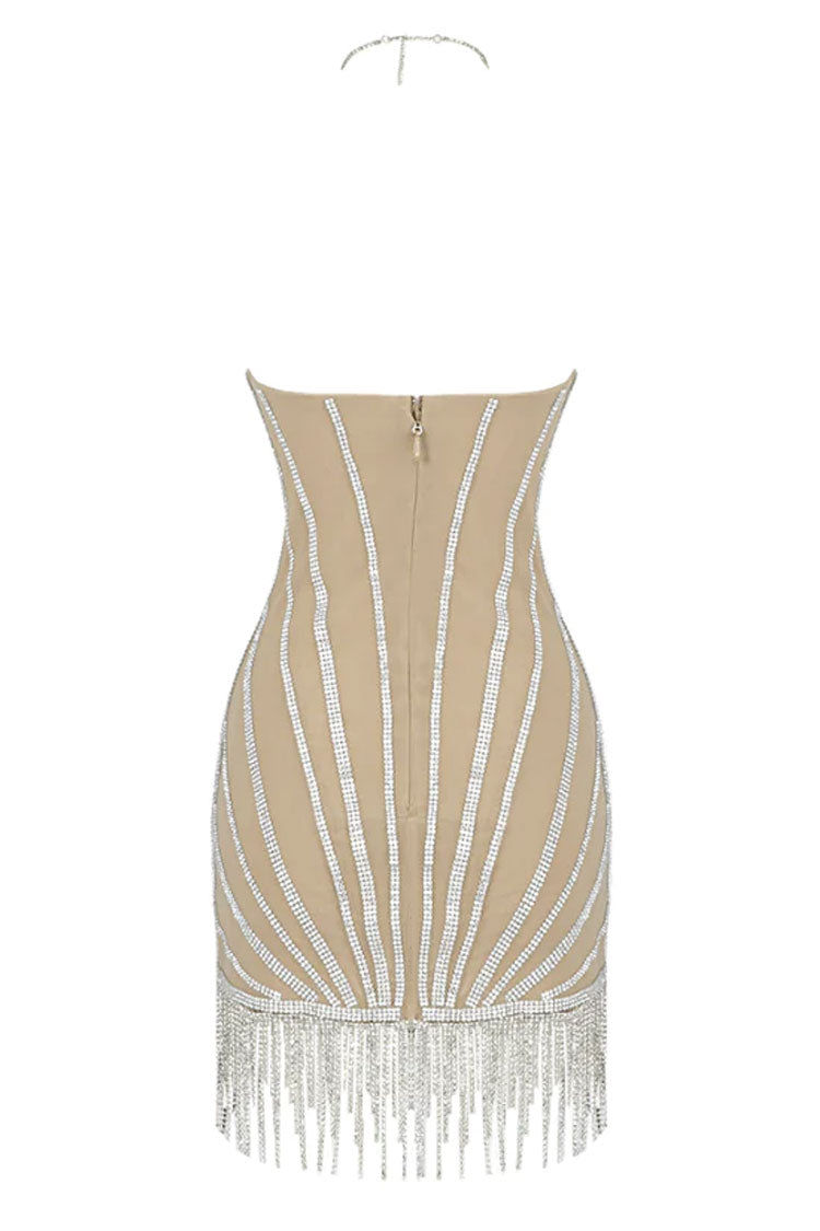 Sparkly Rhinestone Sweetheart Halter Neck Mesh Fringe Party Mini Dress - Silver - Fashionpara