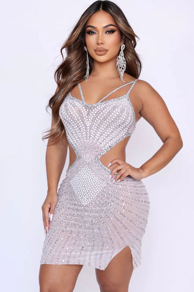 Sparkly Rhinestone V Neck Sheer Mesh Cutout Party Mini Dress - Ivory  Fashionpara