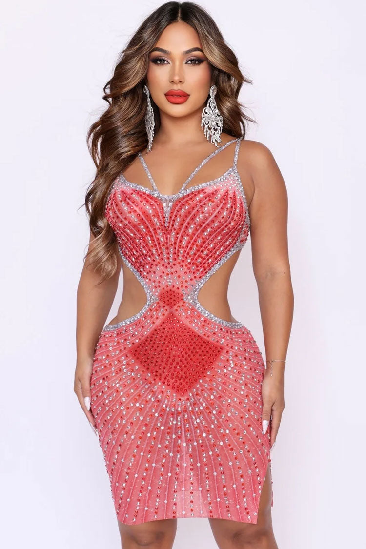 Sparkly Rhinestone V Neck Sheer Mesh Cutout Party Mini Dress - Red  Fashionpara
