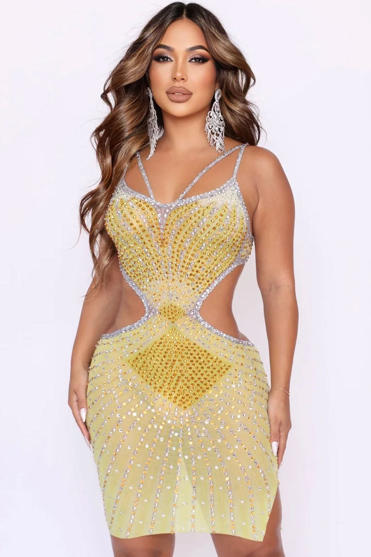 Sparkly Rhinestone V Neck Sheer Mesh Cutout Party Mini Dress - Yellow  Fashionpara
